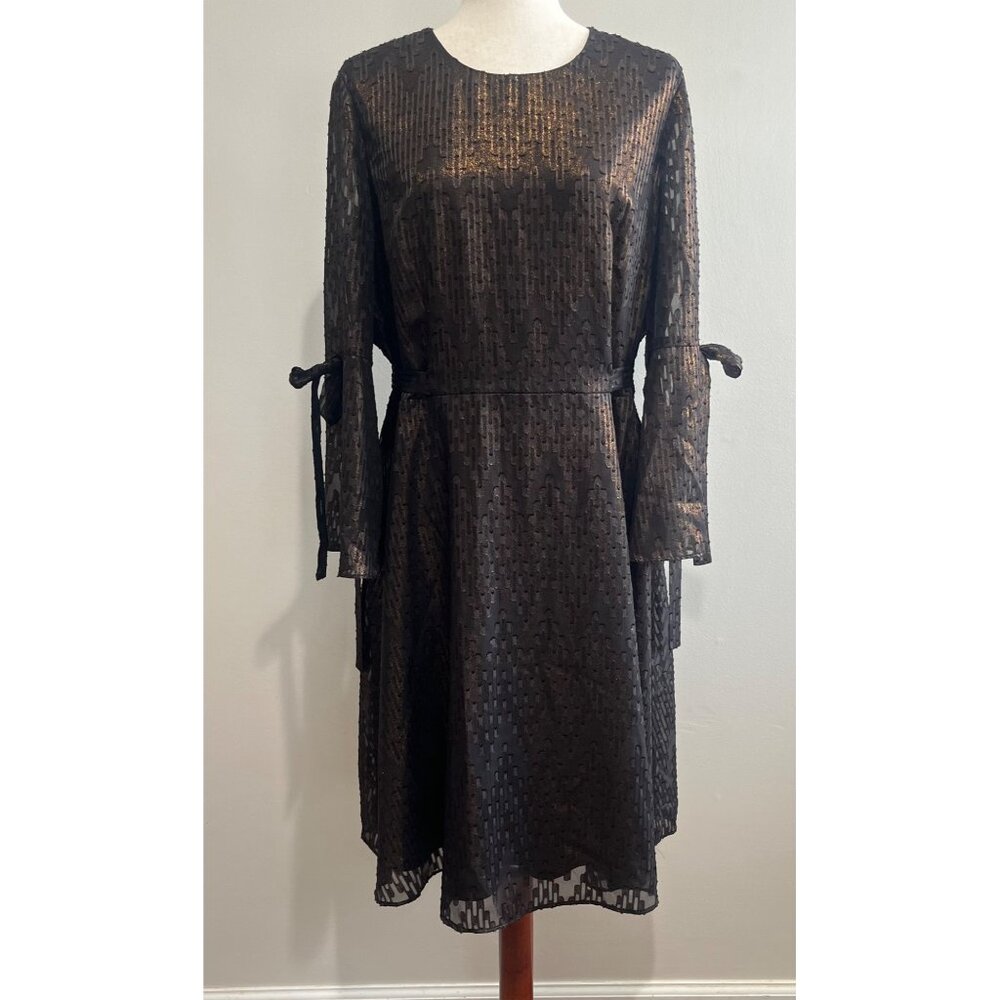 Nine West Fit and Flare Bell Sleeve Dress Womens 14 Black/Gold Whimsigoth